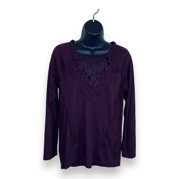 MEDIUM JOLT DARK PURPLE LONG SLEEVE TOP LACE EMBROIDERED NECKLINE - Picture 1 of 9